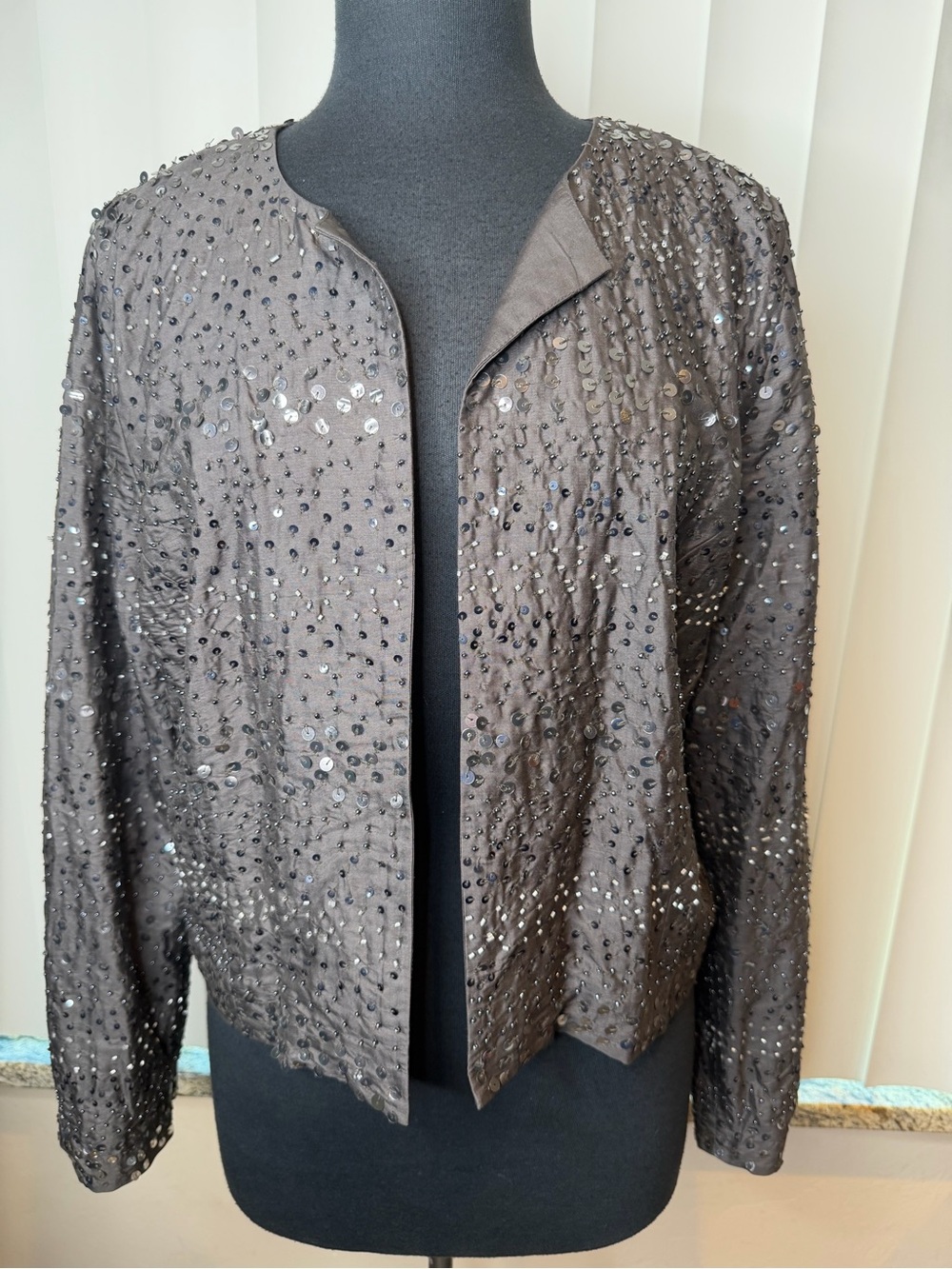 Chicos open-front evening jacket all-over hand-beaded sequins seed beads SZ 3/16